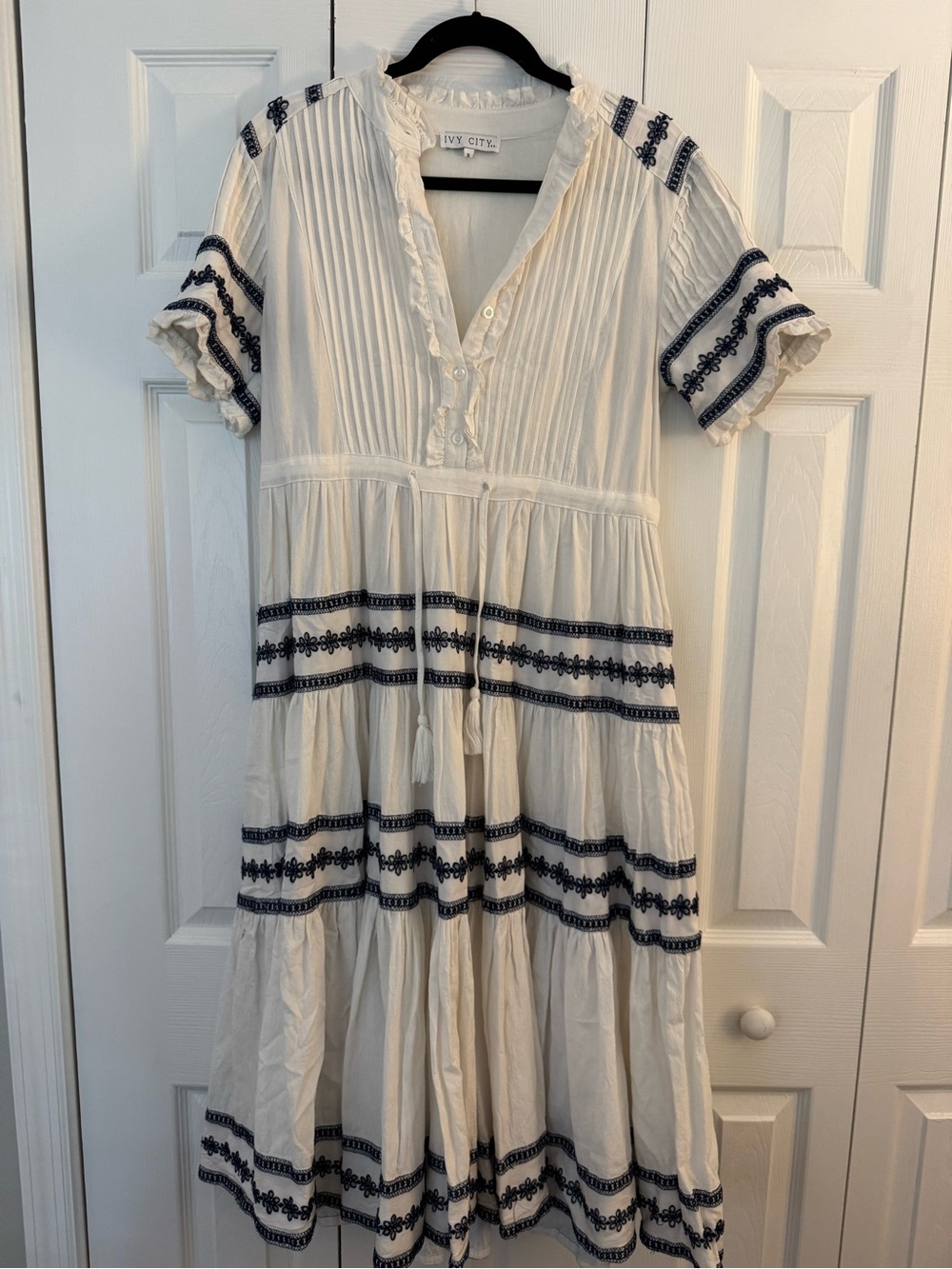 Ivy City Co Cream Midi Dress with Navy Embroidered Trim